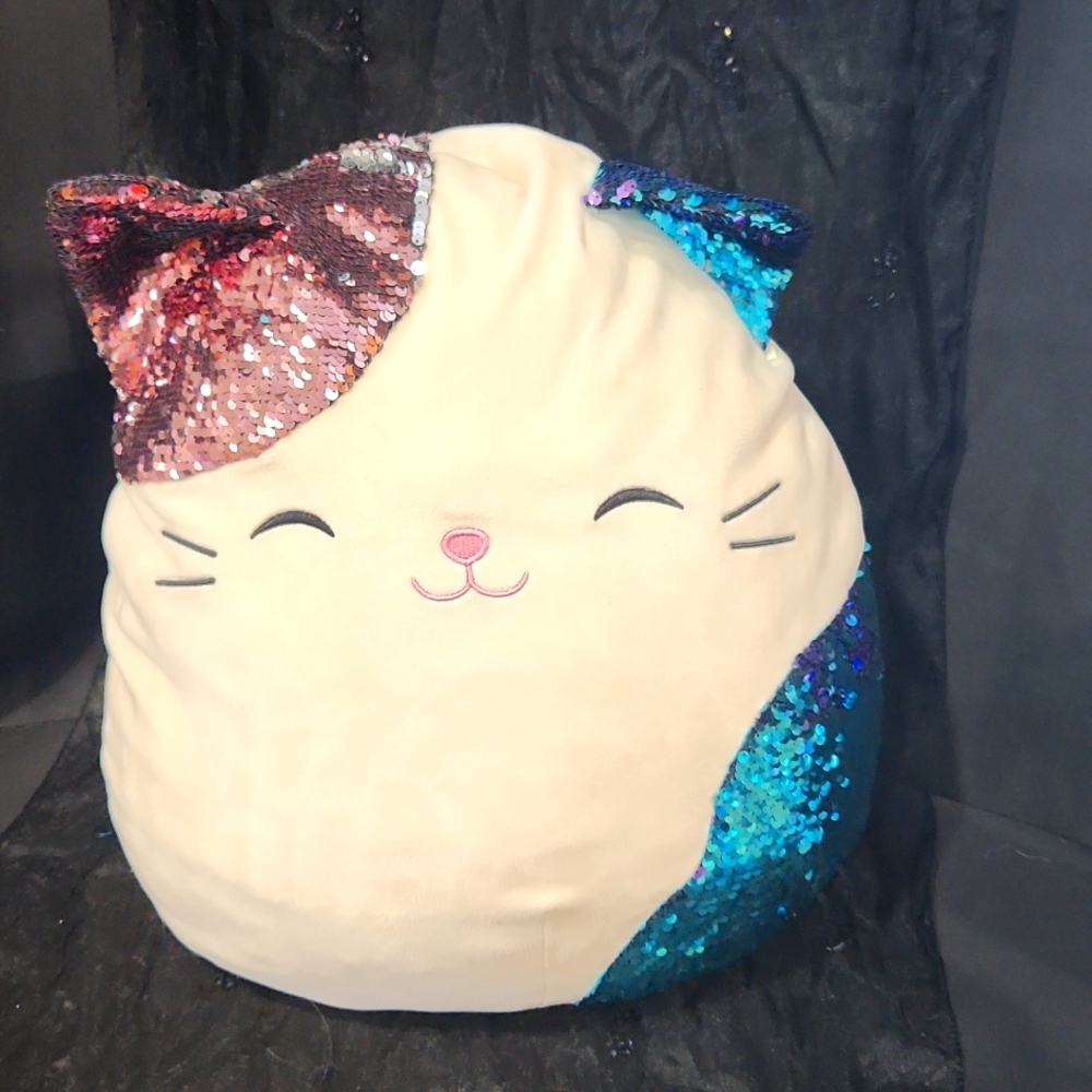 16” Squishmallow Shany cat with Reversible Sequins on ears, belly, and tail